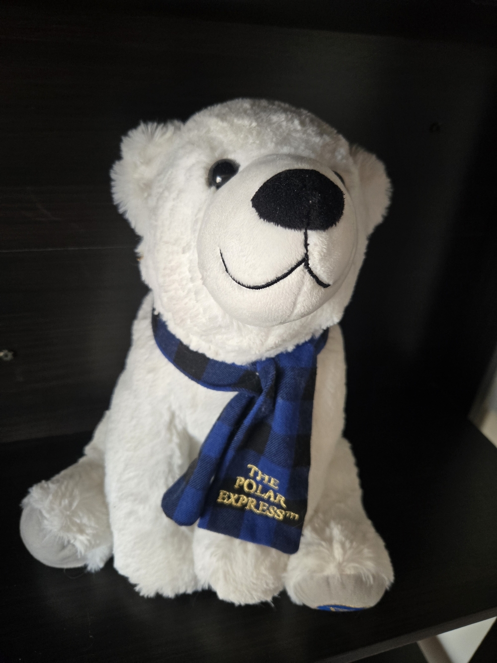 Plush White Polar Bear with Blue Plaid Scarf - The Polar Express